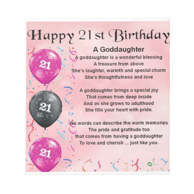 Godtochter Gedicht - 21. Geburtstag Notizblock (Vorderseite)