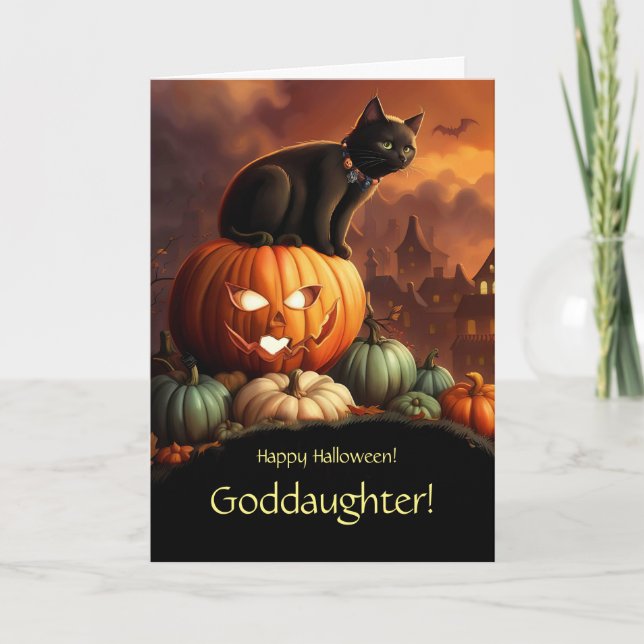 Godtochter Halloween mit Katze und Kürbiskins Karte (Vorderseite)