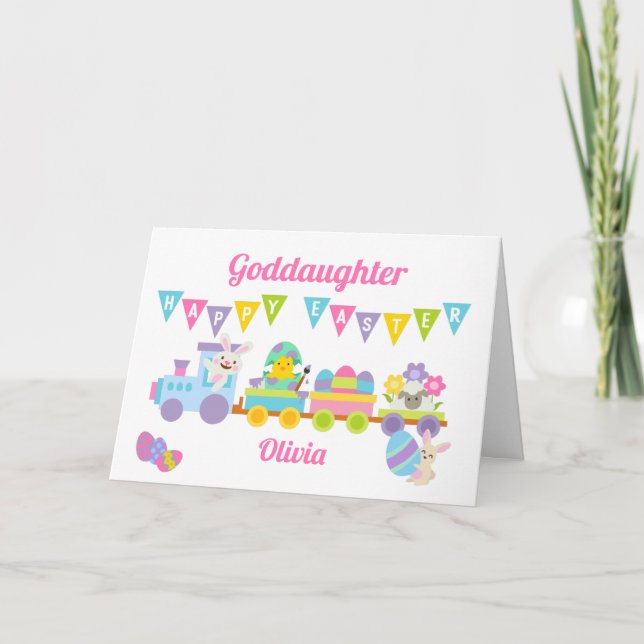 Godtochter Happy Easter Bunny Train Pink Karte (Vorderseite)