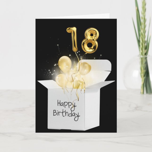 Gold 18. Geburtstag Ballons in weißer Box Karte (Vorderseite)