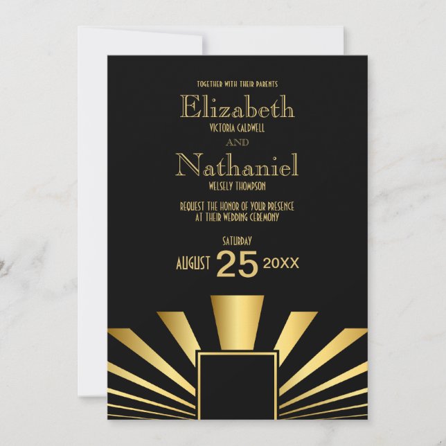 Gold 1920er Jahre Art-Déco-Hochzeitsreise Einladung (Vorderseite)
