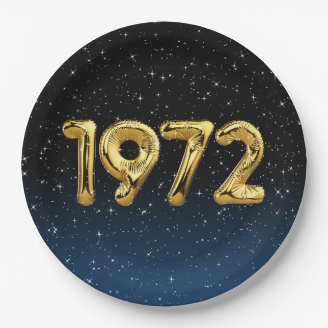 Gold 1972 - Geburtstagsballons in Sternen Pappteller (Vorderseite)