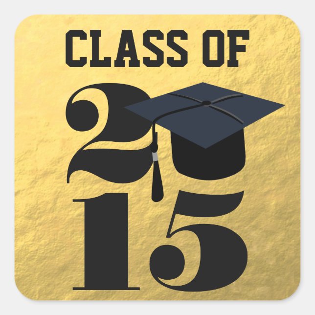 Gold 2015 Grad Cap | ABSCHLUSS Quadratischer Aufkleber (Vorderseite)