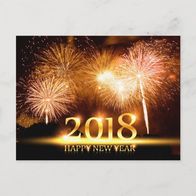 Gold 2018 Frohes neues Jahr Feuerwerk Postkarte (Vorderseite)