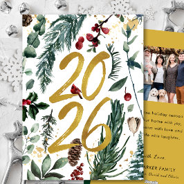 Gold 2025 Festliches Pine Bough Rotes Foto Feiertagskarte