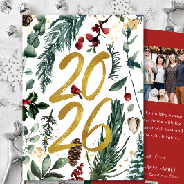 Gold 2025 Festliches Pine Bough Rotes Foto Feiertagskarte