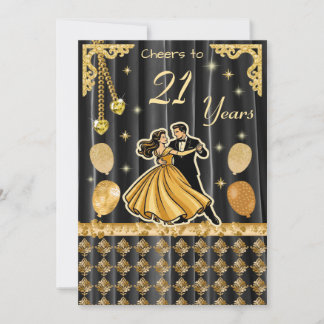 Gold 21st Birthday with Dancing Couple Invitation Einladung