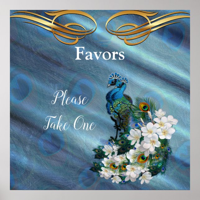 Gold, 2 Pfauen auf Smaragdgrüner Seide Poster (Vorne)