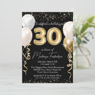 Gold 30. Geburtstag Balloons auf schwarz Einladung