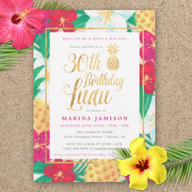 Gold 30e anniversaire Luau Party Invitations (30th Birthday Luau Party Invitation)