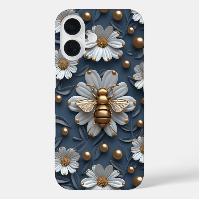 Gold 3D Bienen Daisy Blume Puffy Style Hummeln iPhone 16 Hülle (Rückseite)