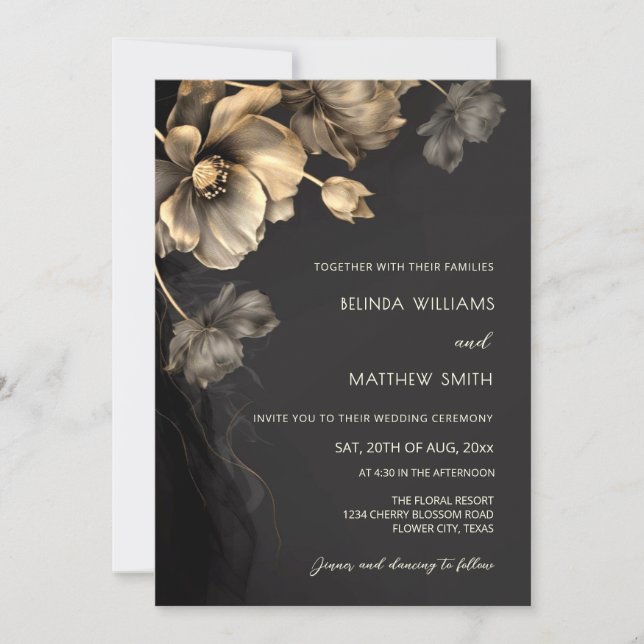 Gold 3D Flowers Black Wedding Invitation Einladung (Vorderseite)