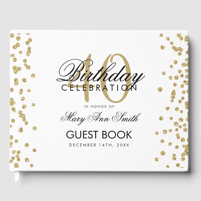 Gold 40. Geburtstag Party Confetti White Gästebuch (Vorderseite)