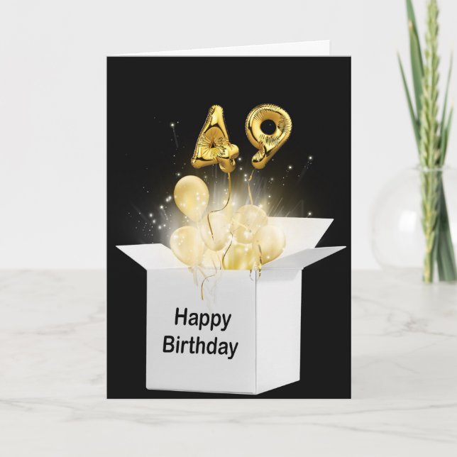 Gold 49. Geburtstag Ballons in weißer Box Karte (Vorderseite)