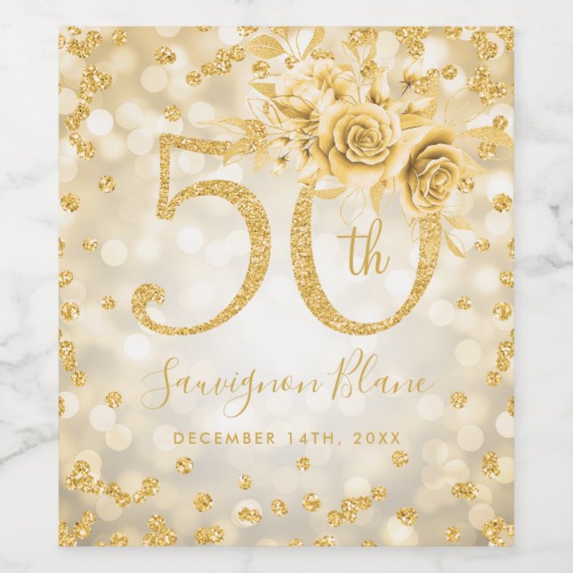 Gold 50. Geburtstag Blumenlampen Weinetikett (Einzelnes Label)