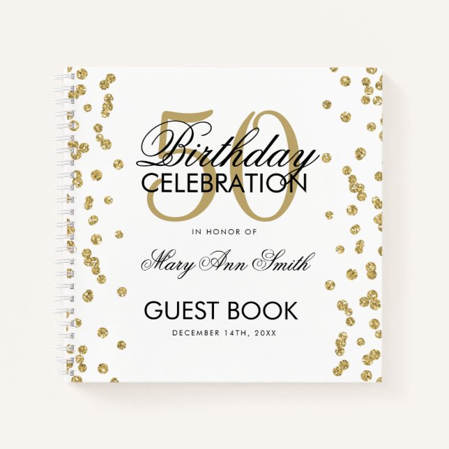 Gold 50. Geburtstag Gästebuch Confetti White Notizbuch (Vorderseite)
