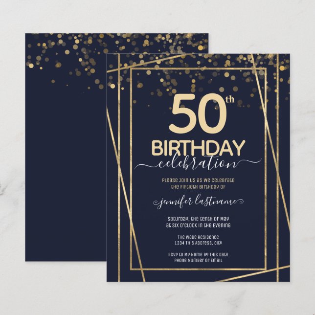 Gold 50. Geburtstagsparty Einladung (Vorne/Hinten)
