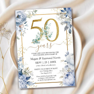Gold 50. Hochzeitstag Dusty Blue Floral Einladung