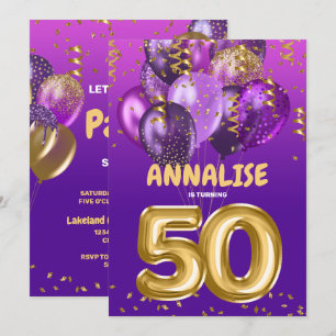 Gold 50 Jahre alt Confetti Lila 50. Geburtstag Einladung