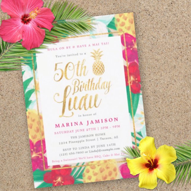 Gold 50e anniversaire Luau Party Invitations (59th Birthday Luau Invitation)