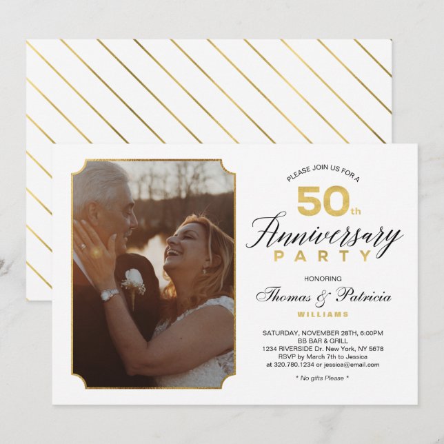 Gold 50th Mariage Anniversary Photo Invitation (Devant / Derrière)
