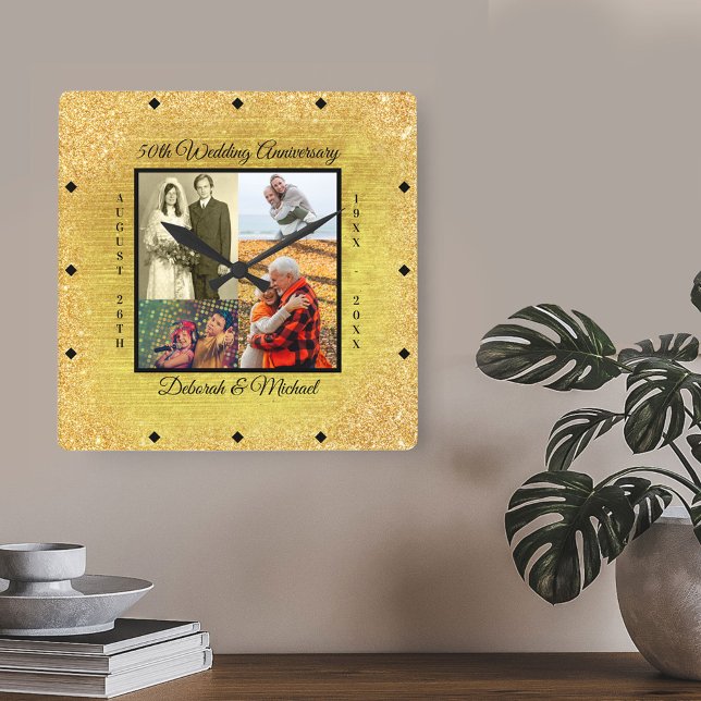 Gold 50th Wedding Anniversary Custom Foto Quadratische Wanduhr (Von Creator hochgeladen)