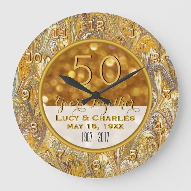 Gold 50th Wedding Anniversary Personalized Große Wanduhr (Vorderseite)