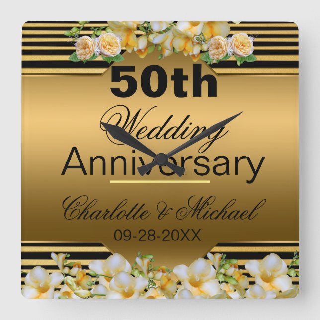 Gold 50th Wedding Anniversary Quadratische Wanduhr (Vorderseite)