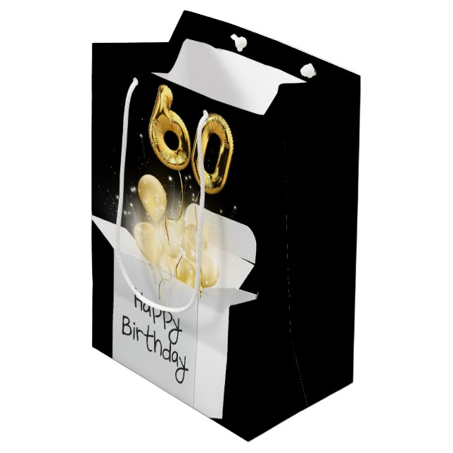 Gold 60. Geburtstag Ballons in Box Mittlere Geschenktüte (Vorderseite Schrägansicht)