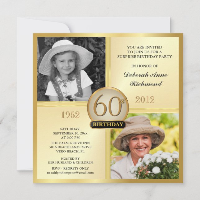 Gold 60. Geburtstag Einladungen Dann & Jetzt 2 Fot (Vorderseite)