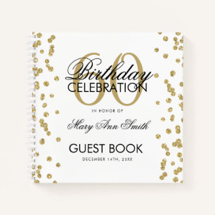 Gold 60. Geburtstag Gästebuch Confetti White Notizbuch