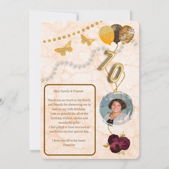 Gold 70. Floral & Marmor Vielen Dank für Ihre Nach Einladung (Vorderseite)