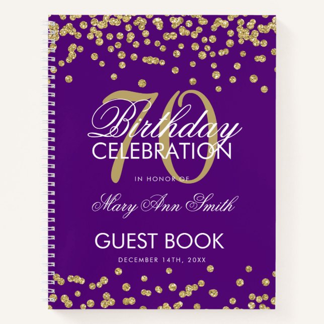 Gold 70. Geburtstag Gästebuch Confetti Lila Notizbuch (Vorderseite)