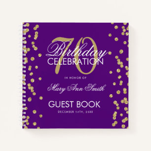 Gold 70. Geburtstag Gästebuch Confetti Lila Notizbuch