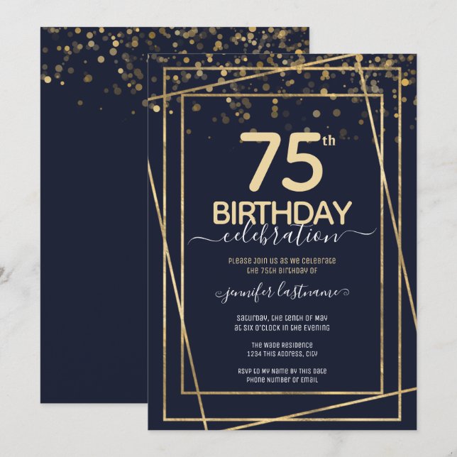 Gold 75th Anniversaire de fête Budget Invitation (Devant / Derrière)