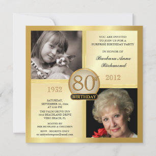 Gold 80th Birthday Invitations then & Now 2 Photos