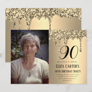 Gold 90. 90. Tropfen Elegant Geburtstag Einladung