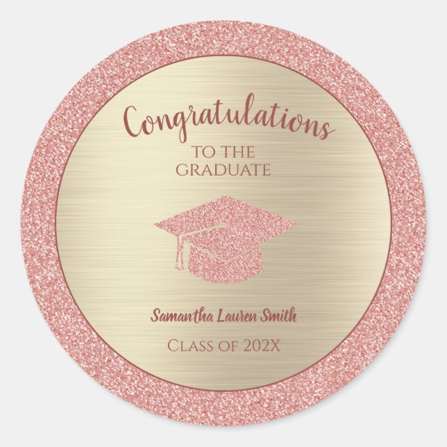 Gold Abschluss Glückwunsch Graduate Pink Glitzer Runder Aufkleber (Vorderseite)
