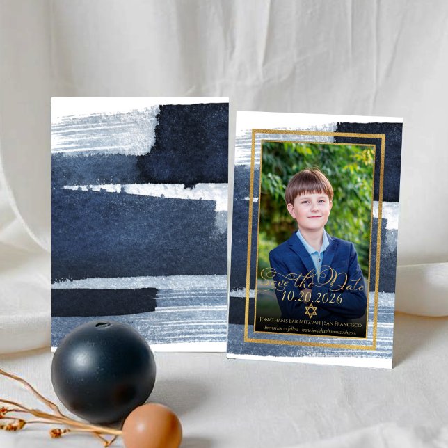 Gold Abstrakt Blue Foto Bar Mitzvah Save the Date Einladung (Von Creator hochgeladen)