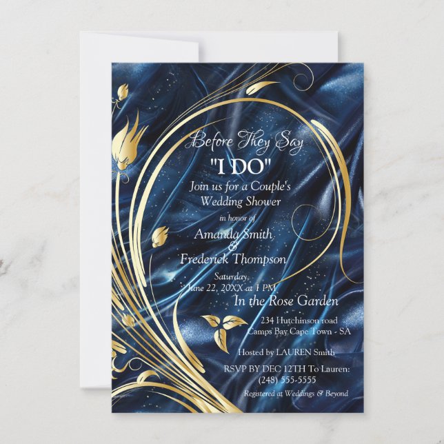 Gold abstrakte Blume auf Simmery Blue Silk Einladung (Vorderseite)