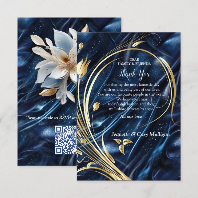 Gold abstrakte Blume auf Simmery Blue Silk RSVP Karte (Vorne/Hinten)