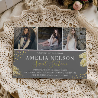 Gold Abstrakte FotoCollage Sweet 16 Geburtstag Einladung