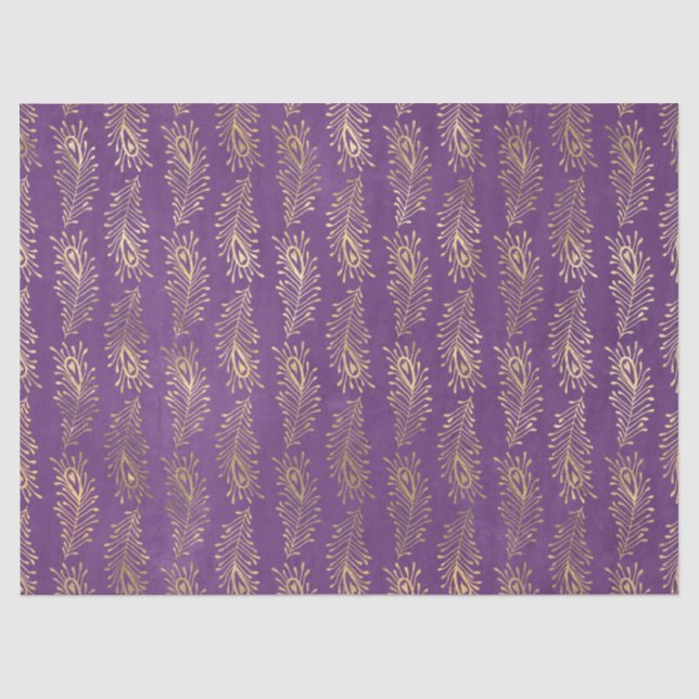 Gold Abstrakte Pfauenfedern auf Lila Decoupage Seidenpapier (Vorderseite)