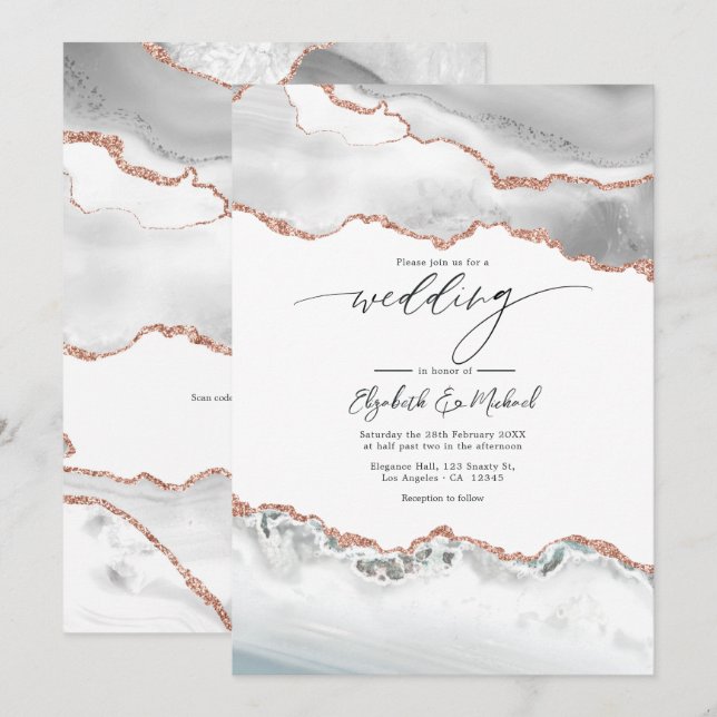 Gold Agate Hochzeitcode QR Code für Weiß und Rose Einladung (Vorne/Hinten)