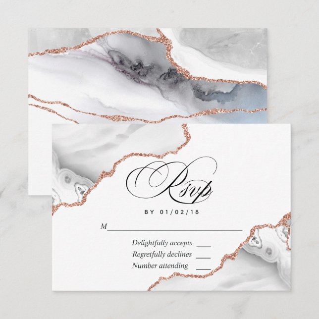 Gold Agate - Hochzeitkarte für White and Rose RSVP Karte (Vorne/Hinten)