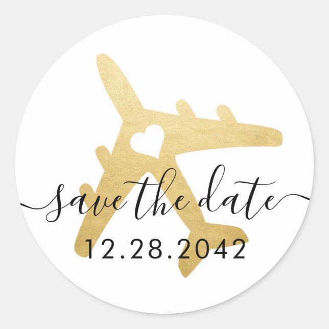 Gold Airplane Herzreisen Thema Save the Date Runder Aufkleber (Vorderseite)