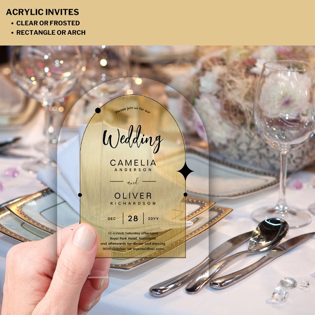 GOLD Akryllische Hochzeit lädt zur modernen Schwar Acryleinladungen (Von Creator hochgeladen)