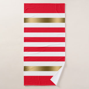 Gold-Akzente in Rot und Weiß Streifen, Monogramm Badhandtuch Set