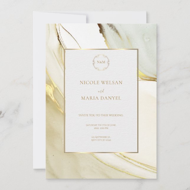 Gold Alcohol Ink White Chic Wedding Invitation (Devant)