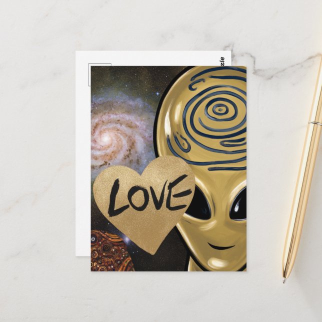 Gold Alien Liebe Postkarte (Vorderseite/Rückseite Beispiel)